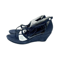 Andrea Morelli Navy Blue Suede Leather Fringe Wedge Sandals
