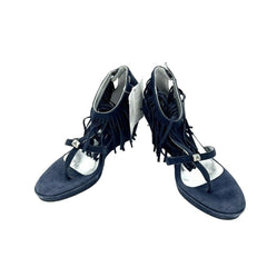 Andrea Morelli Navy Blue Suede Leather Fringe Wedge Sandals