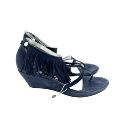 Andrea Morelli Navy Blue Suede Leather Fringe Wedge Sandals