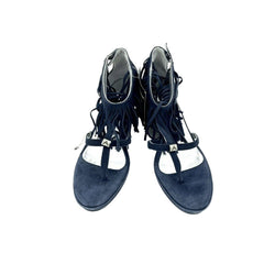 Andrea Morelli Navy Blue Suede Leather Fringe Wedge Sandals