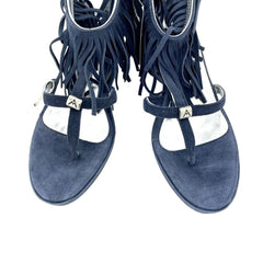 Andrea Morelli Navy Blue Suede Leather Fringe Wedge Sandals
