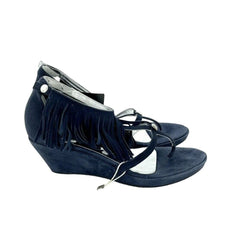 Andrea Morelli Navy Blue Suede Leather Fringe Wedge Sandals