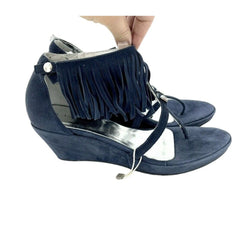 Andrea Morelli Navy Blue Suede Leather Fringe Wedge Sandals