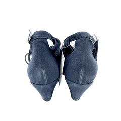 Andrea Morelli Navy Blue Suede Leather Fringe Wedge Sandals