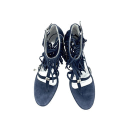 Andrea Morelli Navy Blue Suede Leather Fringe Wedge Sandals