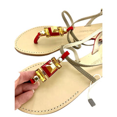 Le Capresi Jeweled Crystal Rhinestones Red Leather Sandals