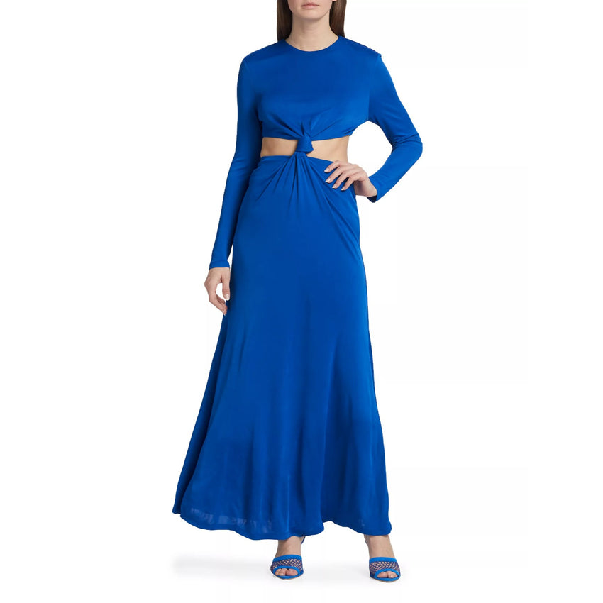 Farm Rio Blue Knotted Cutout Satin Maxi Dress