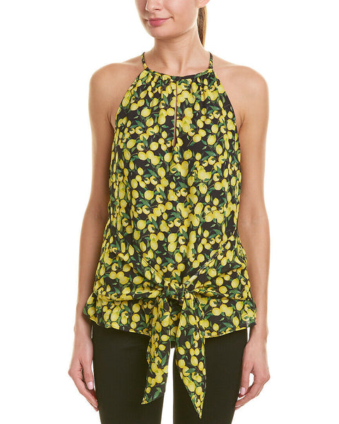 Parker Lemon Print Silk Blend Front Tie Halter Blouse