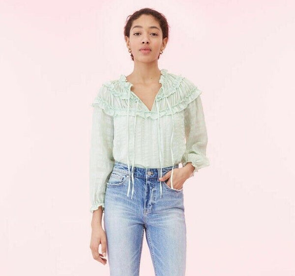 Rebecca Taylor Mint Green Silk Ruffle Boho Blouse