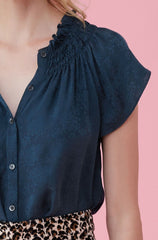 Rebecca Taylor V Neck Floral Silk Jacquard Short Sleeved Blouse