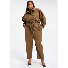 Good American Cinched Elasticized Long-Sleeve Jumpsuit in Fog