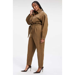 Good American Cinched Elasticized Long-Sleeve Jumpsuit in Fog