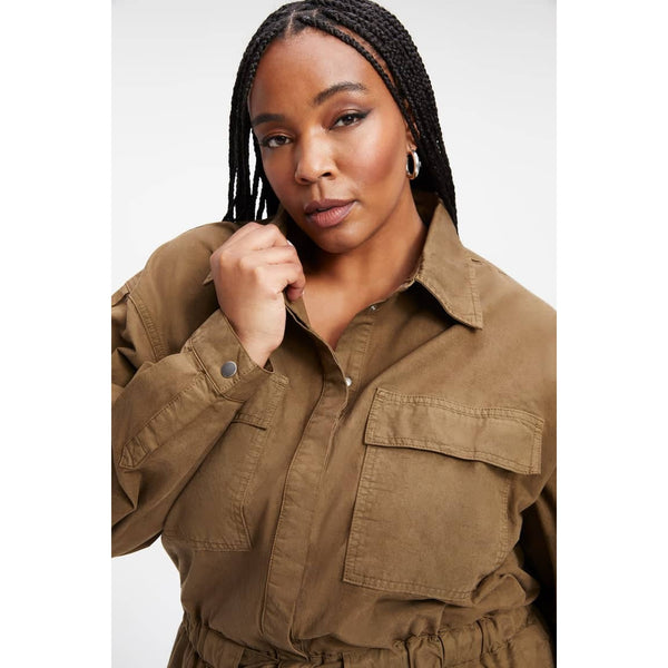 Good American Cinched Elasticized Long-Sleeve Jumpsuit in Fog