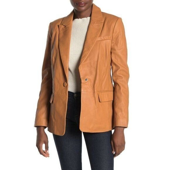 Bagatelle Lamb Leather Jacket Blazer Snap Button Notch Collar