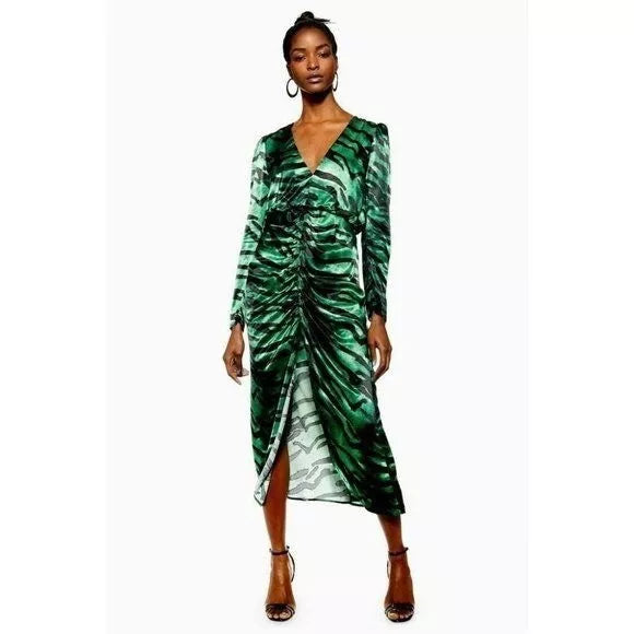 Topshop Green Zebra Print Ruched Puff Sleeve Satin Midi Dress