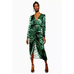 Topshop Green Zebra Print Ruched Puff Sleeve Satin Midi Dress