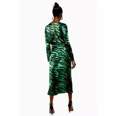 Topshop Green Zebra Print Ruched Puff Sleeve Satin Midi Dress