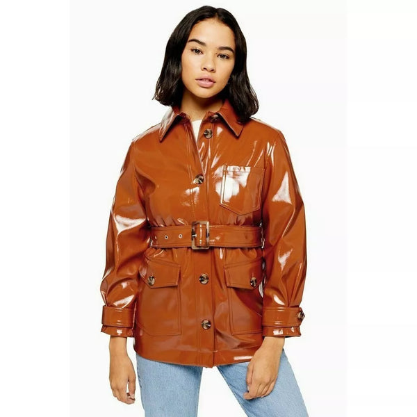 Topshop Brown High Gloss Patent Belted Coat