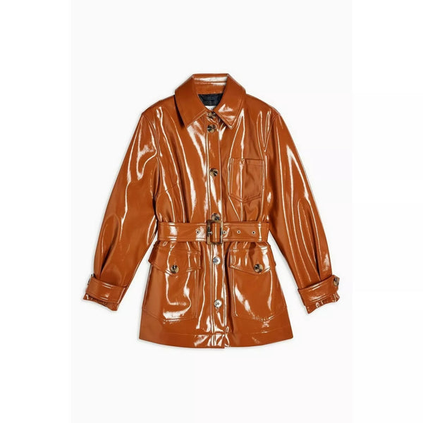 Topshop Brown High Gloss Patent Belted Coat