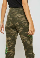 Topshop High Rise Camo Print Floral Embroidery Ripped Mom Jeans