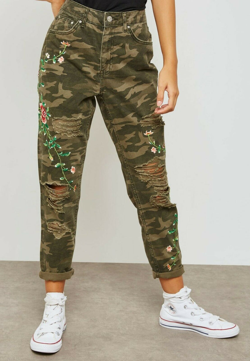 Topshop High Rise Camo Print Floral Embroidery Ripped Mom Jeans