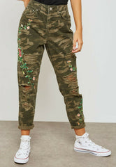 Topshop High Rise Camo Print Floral Embroidery Ripped Mom Jeans
