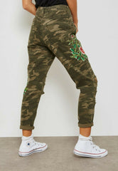 Topshop High Rise Camo Print Floral Embroidery Ripped Mom Jeans