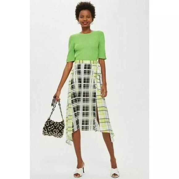 Topshop Asymmetrical Neon Plaid Midi Skirt