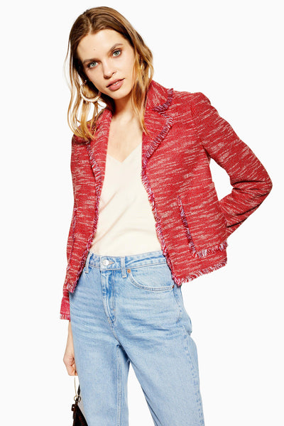 Topshop Red Fringe Jersey Boucle Open Front Blazer