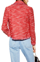 Topshop Red Fringe Jersey Boucle Open Front Blazer