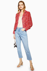 Topshop Red Fringe Jersey Boucle Open Front Blazer