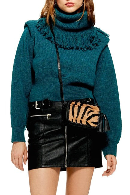 Topshop Green Rock It Fringe Turtleneck Cropped Sweater