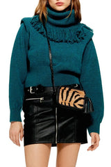 Topshop Green Rock It Fringe Turtleneck Cropped Sweater
