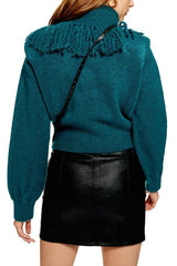 Topshop Green Rock It Fringe Turtleneck Cropped Sweater