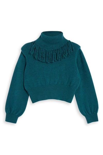 Topshop Green Rock It Fringe Turtleneck Cropped Sweater