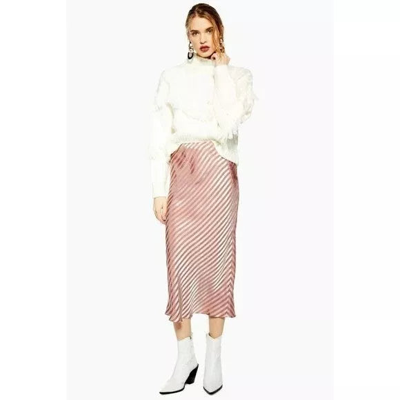 Topshop Bias Stripe Satin Slip Pink Midi Slip Skirt