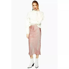 Topshop Bias Stripe Satin Slip Pink Midi Slip Skirt