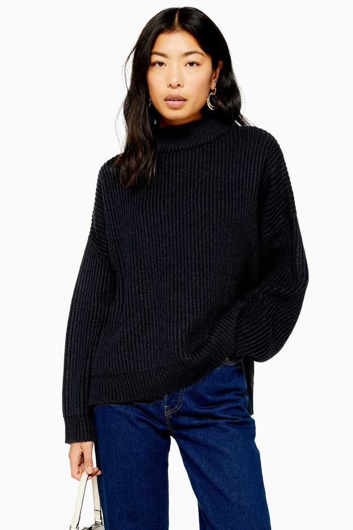 Topshop Oversize Rib Knit Mock Neck Pullover in Black