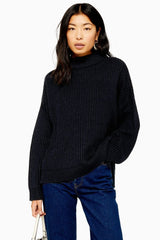 Topshop Oversize Rib Knit Mock Neck Pullover in Black