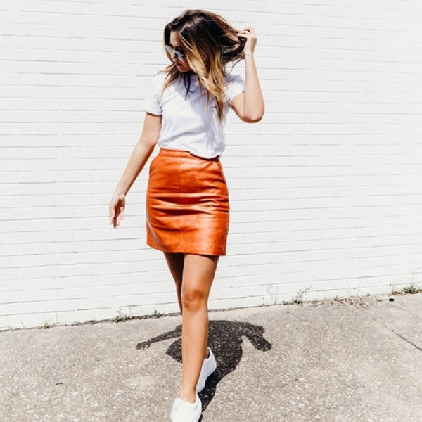 Topshop Orange Metallic Bronze Mini Faux Leather Skirt