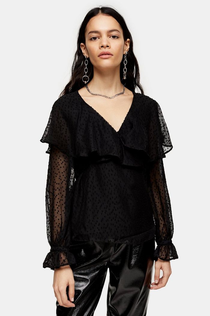 Topshop Dotted Sheer Chiffon Ruffle Waist Tie Blouse