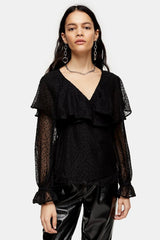 Topshop Dotted Sheer Chiffon Ruffle Waist Tie Blouse