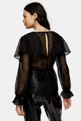 Topshop Dotted Sheer Chiffon Ruffle Waist Tie Blouse