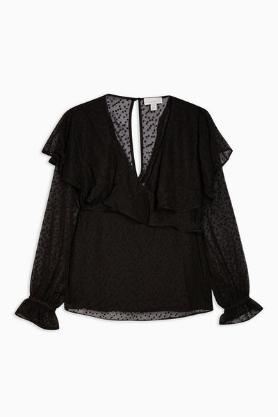 Topshop Dotted Sheer Chiffon Ruffle Waist Tie Blouse