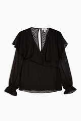 Topshop Dotted Sheer Chiffon Ruffle Waist Tie Blouse