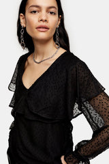 Topshop Dotted Sheer Chiffon Ruffle Waist Tie Blouse