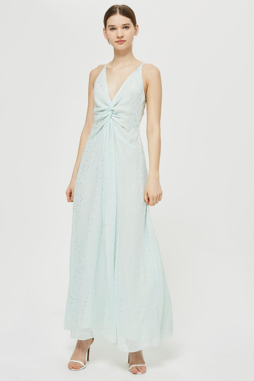 Topshop Mint Green Silver Spot Twist V Neck Maxi Dress