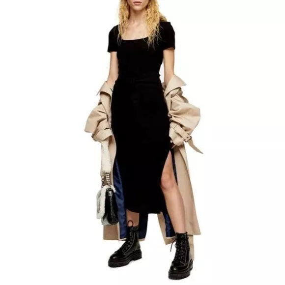 Topshop Rib Knit Tie Waist Slit Bodycon Stretch Midi Dress
