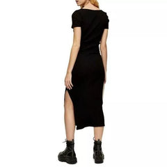 Topshop Rib Knit Tie Waist Slit Bodycon Stretch Midi Dress