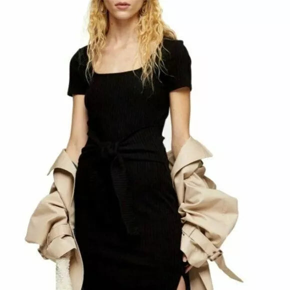 Topshop Rib Knit Tie Waist Slit Bodycon Stretch Midi Dress